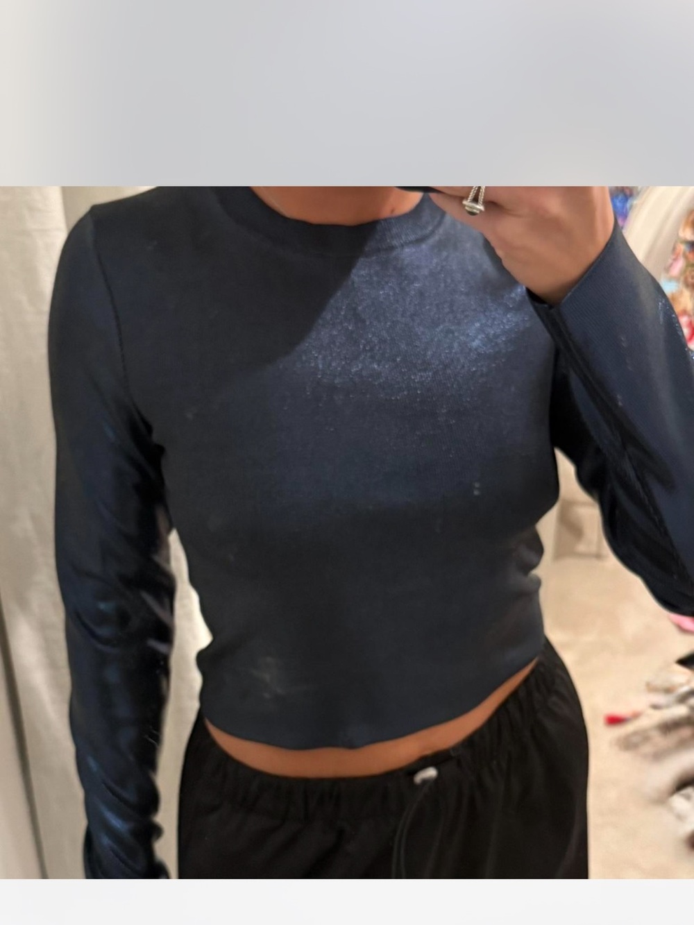 Zara shiny Navy Long-Sleeve Crop Top
